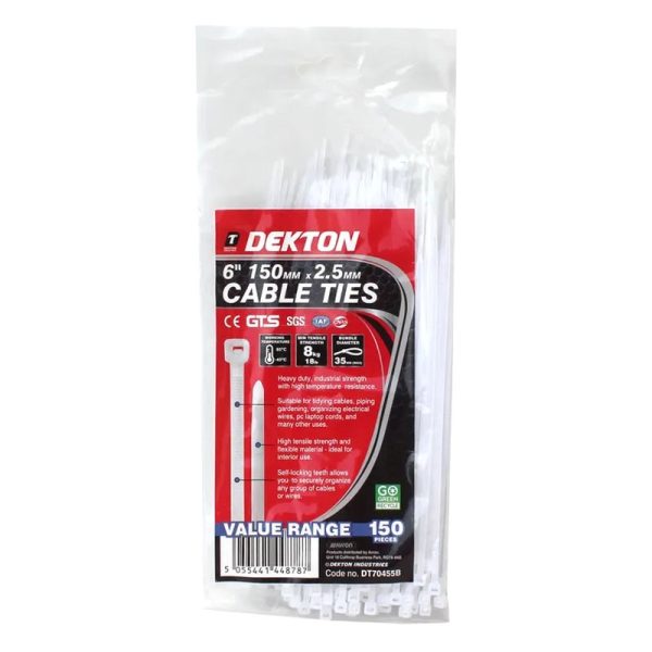 DEKTON CABLE TIES WHITE 2.5MMX150MM 15PC