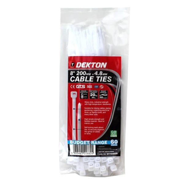 DEKTON CABLE TIES WHITE 4.8MMX200MM 60PC