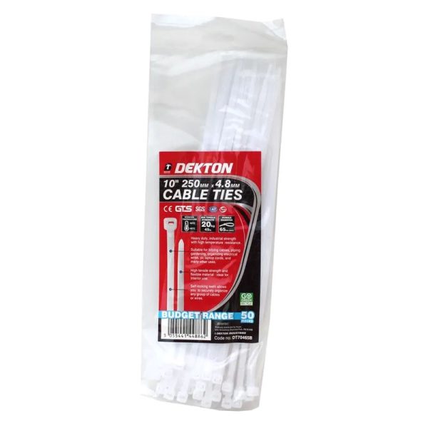 DEKTON CABLE TIES WHITE 4.8MMX250MM 50PC