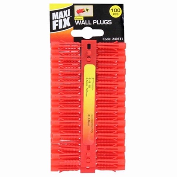 MAXIFIX RED PLASTIC WALL PLUGS 6MM 100PC