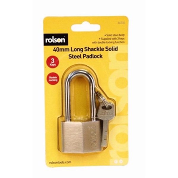 ROLSON LONG SHACKLE SOLID STEEL PADLOCK 40MM