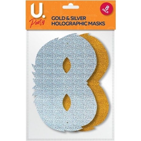 HOLOGRAPHIC GOLD & SILVER PARTY MASKS PACK OF 8