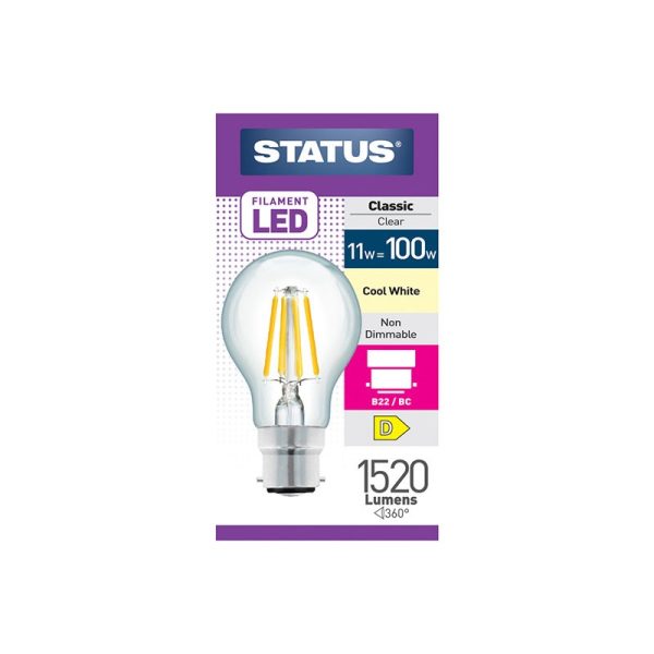 STATUS 11W B/C GLS A70 COOL WHITE FILAMENT LED LIGHT BULB SINGLE