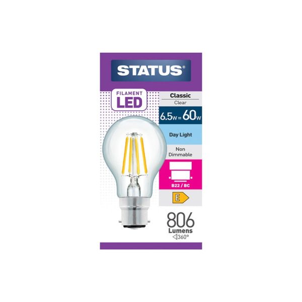 STATUS 6.5W B/C A55 GLS DAY LIGHT FILAMENT LED LIGHT BULB SINGLE