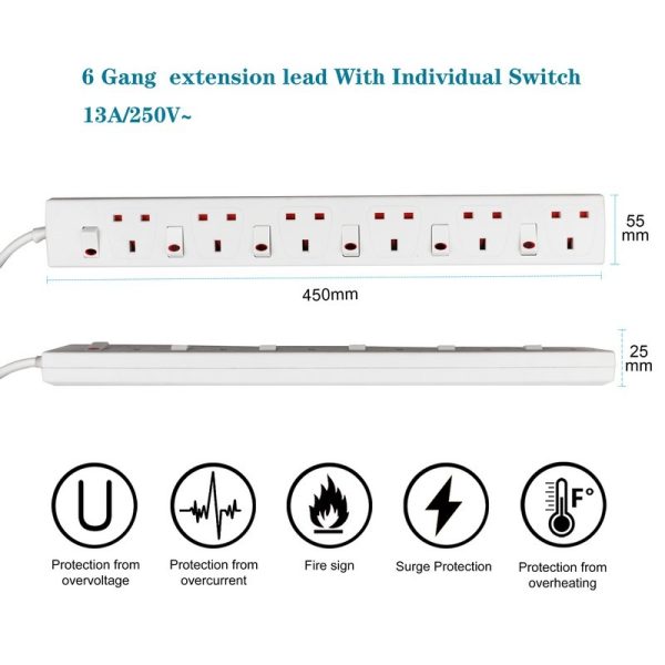 EXTRASTAR EXTENSION LEAD SWITCHED 6 GANG 2M WHITE