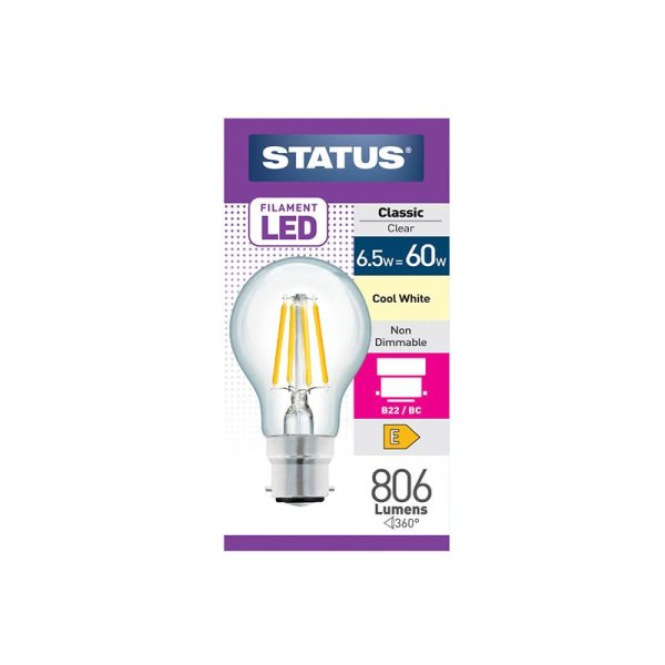 STATUS 6.5W B/C GLS A55 COOL WHITE FILAMENT LED LIGHT BULB SINGLE