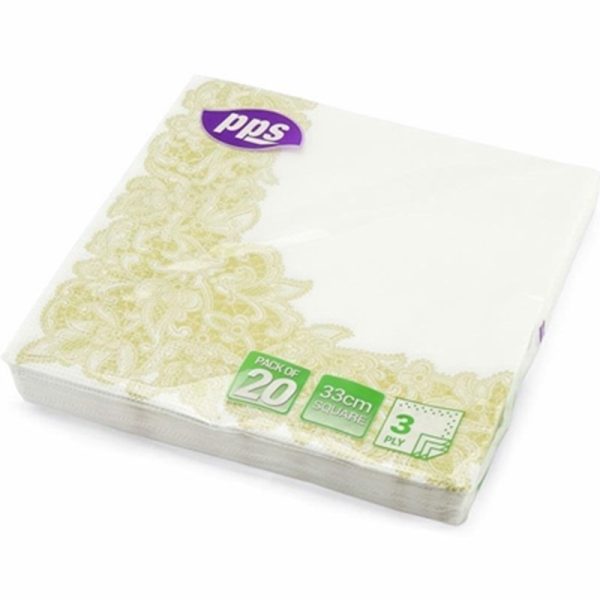 PPS 3PLY 33CM 20 NAPKINS GOLD LEAF BORDER