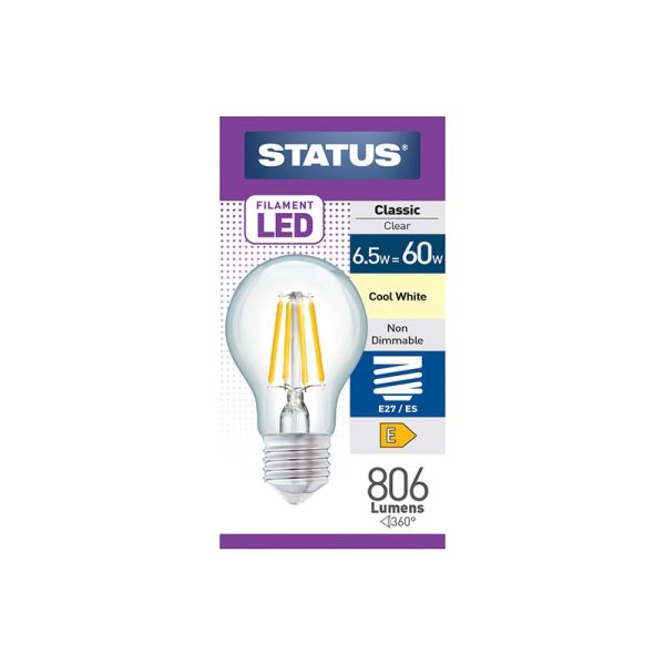 STATUS 6.5W E/S GLS A60 COOL WHITE FILAMENT LED LIGHT BULB SINGLE