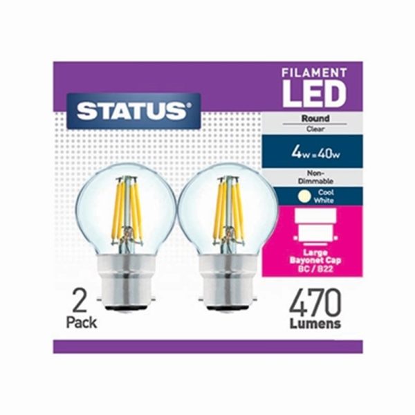 STATUS FILAMENT LED 40W ROUND BC COOL/W PACK OF 2