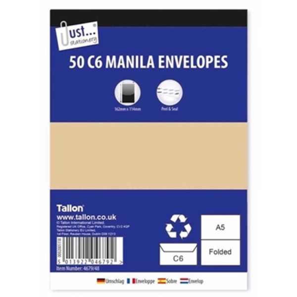 MANILLA C6 PEEL AND SEAL ENVELOPES 80GSM 50