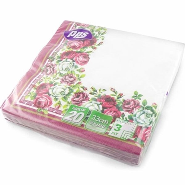 PPS 3PLY 33CM 20 NAPKINS RED ROSE BORDER