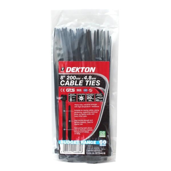 DEKTON BLACK CABLE TIES 60PC 4.8MMX200MM