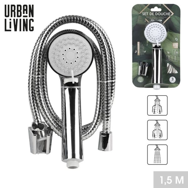 URBAN LIVING FLEXIBLE CHROME SHOWER HOSE WITH SHOWER HEAD 3 JETS SET