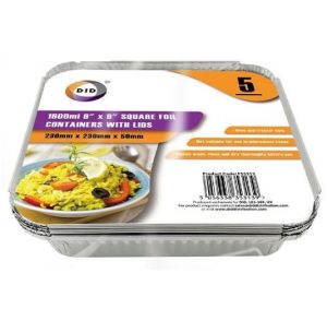 DID Square Foil Containers With Lids 9" Pack of 5 1600ml