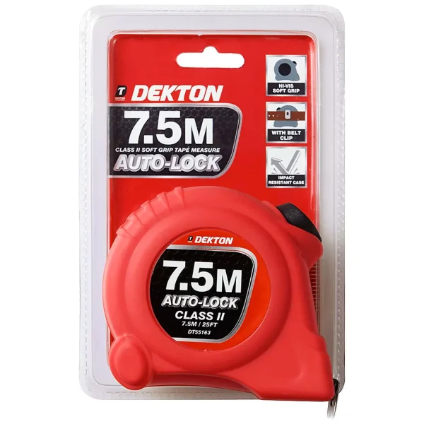 Premium Dekton hi-vis red soft grip auto-lock tape measure 7.5m