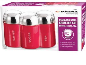 Prima Stainless Steel Red Coffee, Sugar & Tea Dome Canister Set 3pc
