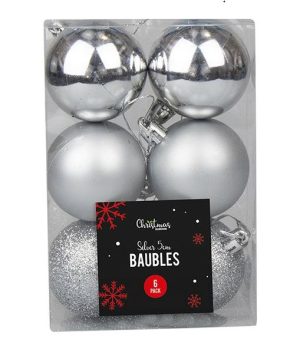 Christmas Silver Assorted Baubles Set 5cm Pack Of 6