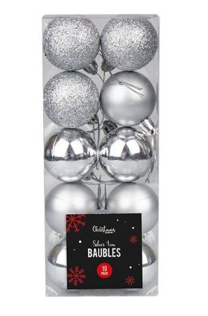 Christmas Silver Assorted Baubles Set 4cm Pack Of 10