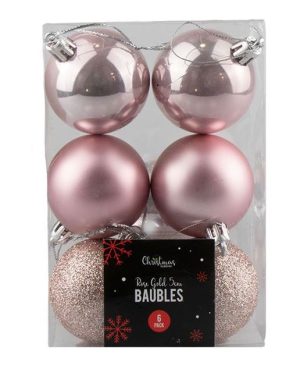 Christmas Rose Gold Assorted Baubles Set 5cm Pack Of 6