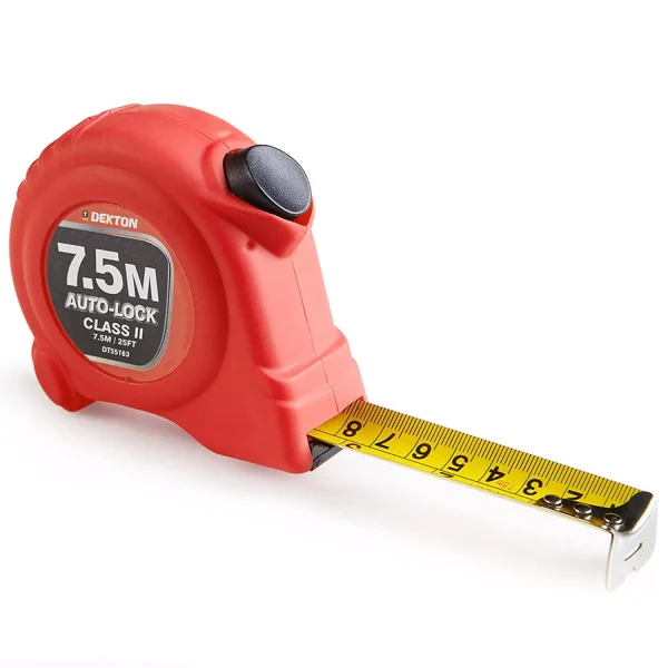 Premium Dekton hi-vis red soft grip auto-lock tape measure 7.5m