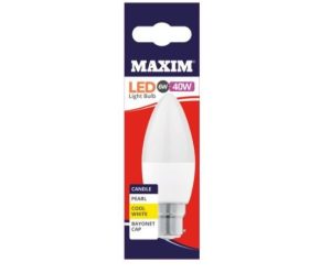 Maxim 6W=40W Candle Pearl Cool White Bayonet Cap LED Light Bulb