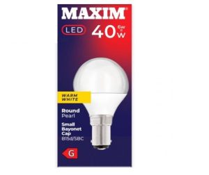 Maxim 6W=40W Warm White Pearl Round Small Bayonet LED Light Bulb