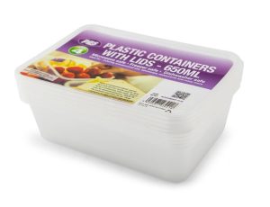 Clear Plastic Rectangular Food Container With Lid 650ml PACK OF 4