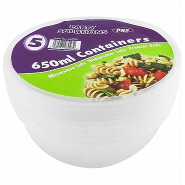 Premium Clear plastic round food containers with lid 650ml pack of 5