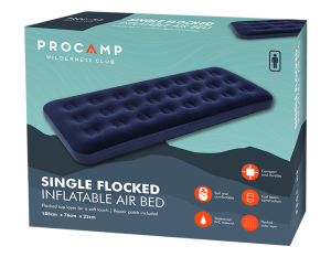 Procamp Single Flocked Inflatable Air Bed 185cm X 76cm X 22cm