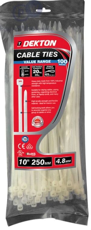 Dekton 100 Piece 4.8mm X 250mm White Cable Ties
