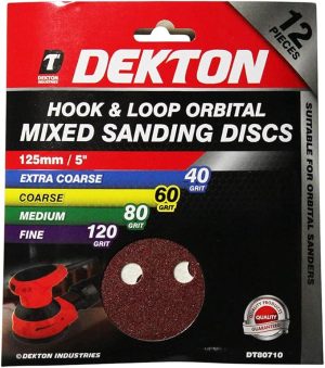 Dekton 125mm Hook & Loop Orbital Mixed Sanding Discs Pack Of 12 40/60/80/120 Grit
