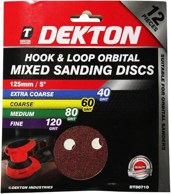 Premium Dekton 125mm hook & loop orbital mixed sanding discs pack of 12 40/60/80/120 grit