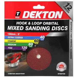 Dekton 150mm Hook & Loop Orbital 40/60/80/120 Grit Mixed Sanding Discs Pack Of 12
