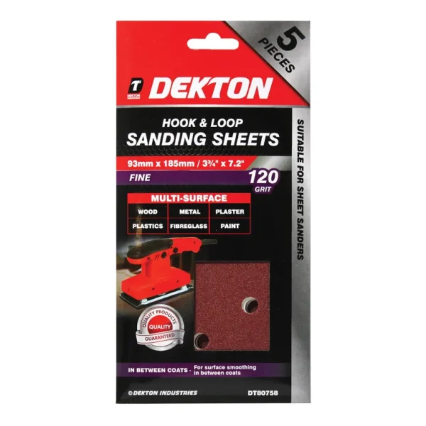 Premium Dekton 93mm x 185mm hook & loop 120 grit sanding sheets pack of 5