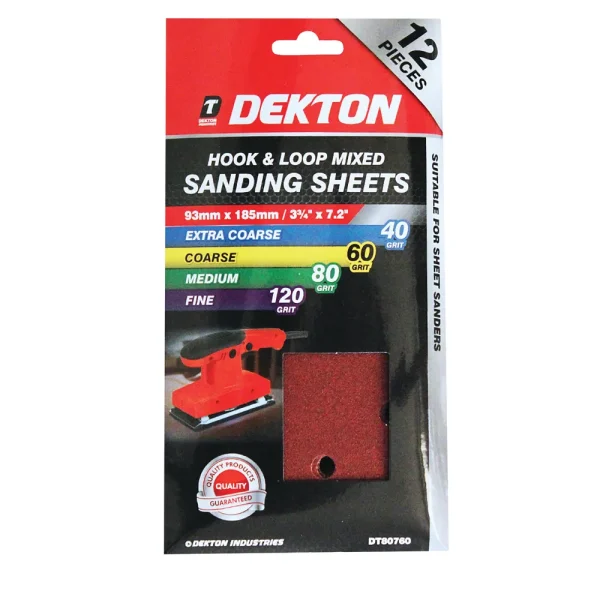 Premium Dekton 93mm x 185mm hook & loop 40/60/80/120 grit mixed sanding sheets pack of 12