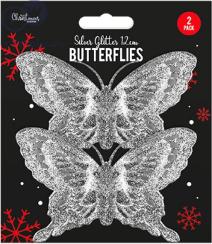 Christmas Silver Glitter Butterfly Decorations Pack Of 2