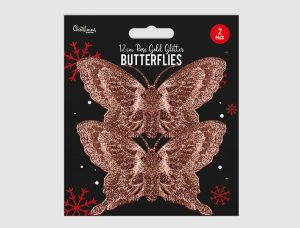 Christmas Rose Gold Glitter Butterfly Decoration Pack Of 2