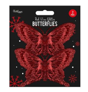 Christmas Red Glitter Butterfly Decorations Pack Of 2