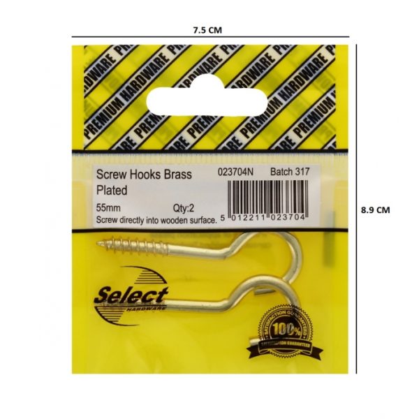 Screw Hooks Brass Plated 55mm 2 Pack