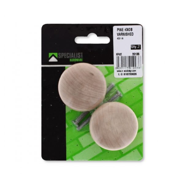 Varnished Pine Knobs- 40mm, Pack Of 2