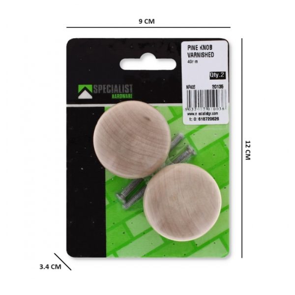 Varnished Pine Knobs- 40mm, Pack Of 2