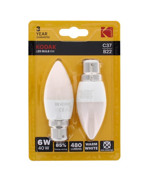 Kodak LED Bulb Candle B22 Bayonet 6W Warm White Pack of 2