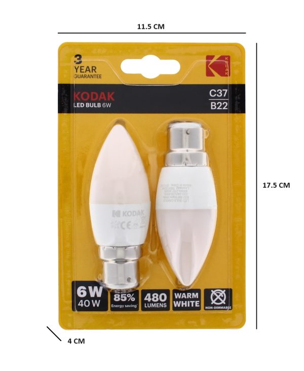 Kodak LED Bulb Candle B22 Bayonet 6W Warm White Pack of 2