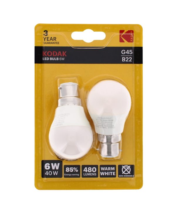 Kodak LED Bulb Golf B22 Bayonet 6W Warm White Pack of 2