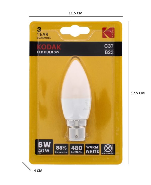 Kodak LED Bulb Candle B22 Bayonet 6W Warm White