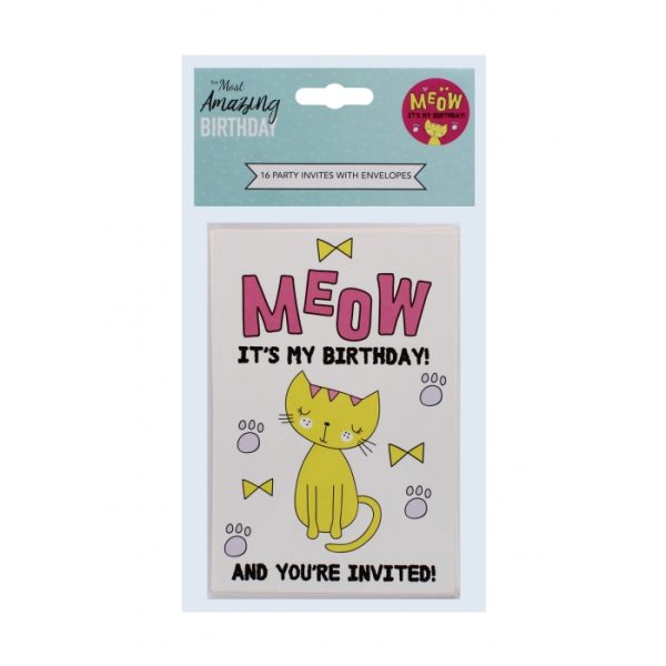 Meow Birthday Invites Cards Pack Of 16