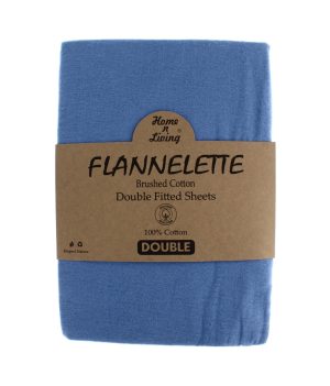 Flannelette 100% Brushed Cotton Double Fitted Sheet- Blue