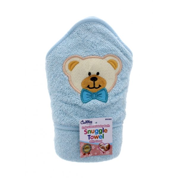 Embroidered Blue Cotton Hooded Baby Snuggle Towel