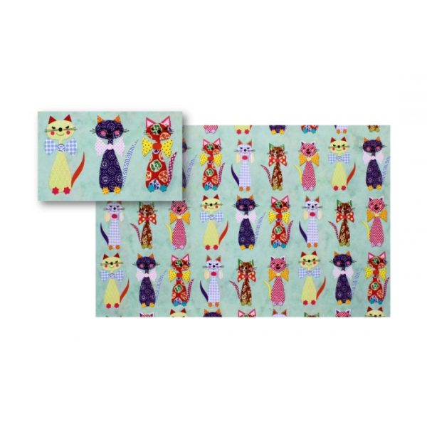 Gift Wrap Paper Blue W/ Patchwork Funky Cats