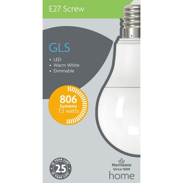 LED Gls A60 806 Lumens 7.3W Es 2700K Dimmable Light Bulb